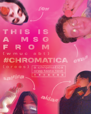 Promotional graphic for a radio station community piece about taste-testing the Chromatica Oreo