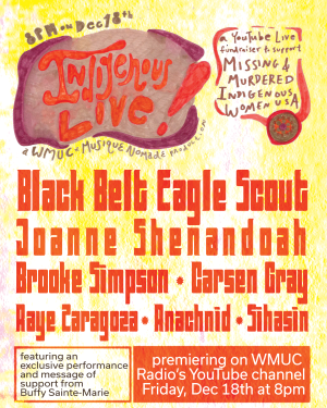 Graphic to announce line-up for a music fundraiser in support of Missing and Murdered Indigenous Women USA